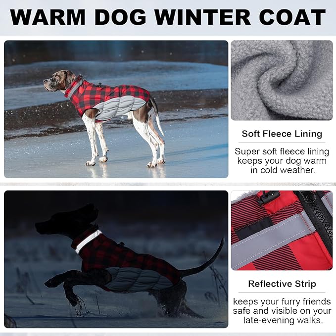 BEAUTYZOO Dog Winter Coat with Harness Built in, Reflective Plaid Puffer Vest Waterproof for Small Dogs, Fleece Warm Puppy Zipped Jacket with D Ring, Pet Cold Weather Sweater Clothes, Red S