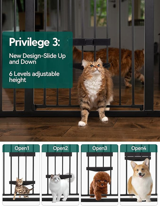 BABELIO 29-48" Extra Wide Baby Gate with Cat Door, Auto Close Metal Pet Door for Stairs, Doorways, House, Pressure/Hardware Mounted, Easy Walk Thru, Black