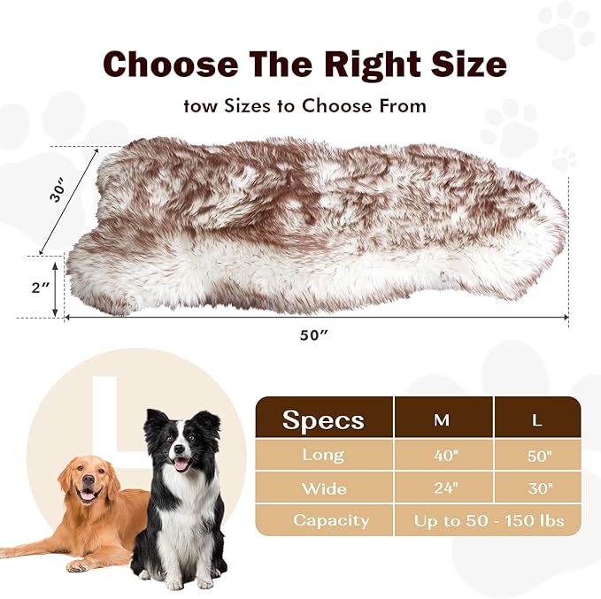 50"×30"×2" Luxury Fluffy Faux Fur Warming Dog Bed, Ultra Soft Plush Pet Rug, Washable Cozy Pad with Non-Slip Bottom, Orthopedic Supportive Sleeping Mat for Medium & Large Dogs