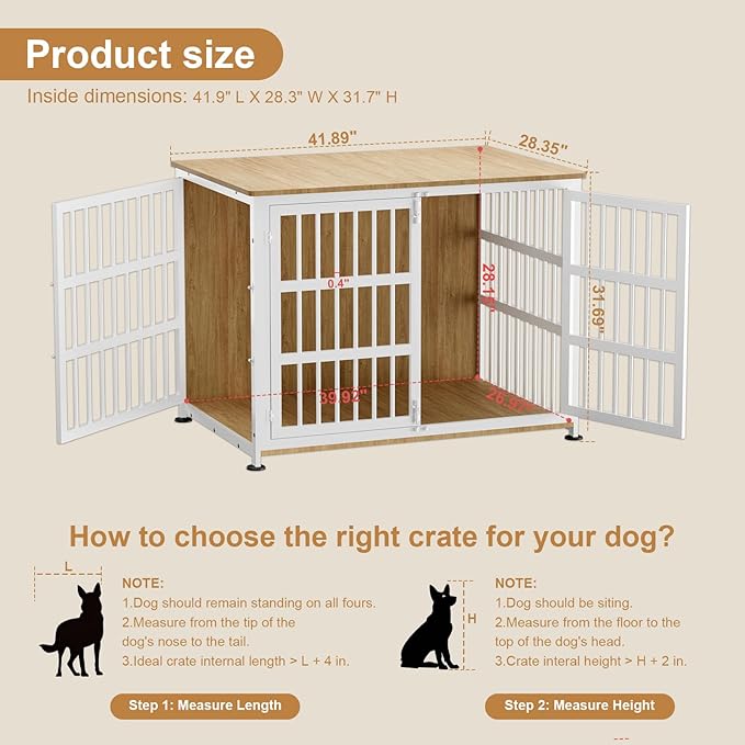 42" Furniture Style Large Dog Crate with Wheels, Metal Chew-Resistant Dog Kennel Indoor for Large & Medium Dogs, 41.9" W x 28.3" D x 31.7" H, Decorate House as TV Stand, End Table — Natural and White