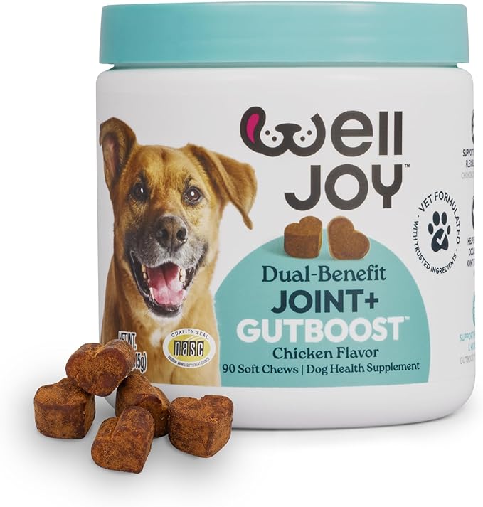 WellJoy Dog Supplement Joint+ GutBoost | Dog Health Supplement | Supports Healthy Flexible Joints | Dual-Benefit GutBoost Formulation | Vet Formulated | USA Made | Chicken Flavor | 90 Soft Chews
