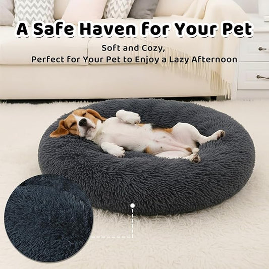 Donut Pet Bed for Medium Size Dog, Round Calming Soft Cat Cuddler,Anti Anxiety Cozy Soft Sofa,Fluffy Faux Fur Plush Cushion-31''-Dark Grey