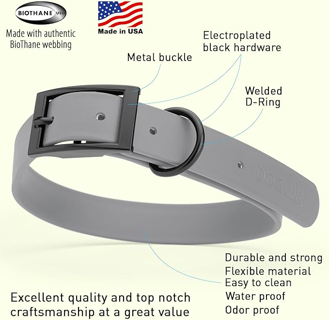Dogline Biothane Coated Webbing Dog Collar with Black Metal Hardware: Durable Easy-Clean Everyday Collar for Dogs - Comfortable Adjustable Odor-Resistant Pet Collar, W1 x L22-25", Battleship Gray