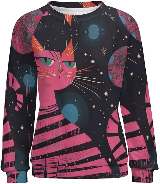 Biacolum Long Sleeve Shirts for Women Mid Century Retro Style Atomic Cat 3D Graphic Sweatshirts Fall Crewneck Pullover Top