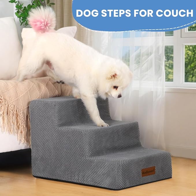 Dog Stairs for Small Dogs, 3-Step Non-Slip Pet Stairs for Couch Sofa and Chair, Dog Bed Stairs for Puppy, Older Cat,Grey,13.6" H
