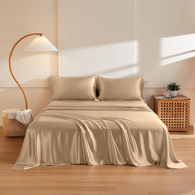 THXSILK Silk Sheet Set 4Pcs, 6A+ Top Grade 100% Natural Mulberry Silk Bed Sheets, Luxury Bedding Sets Ultra Soft Durable Breathable, 1 Fitted Sheet, 1 Flat Sheet and 2 Pillow Shams (King, Taupe)
