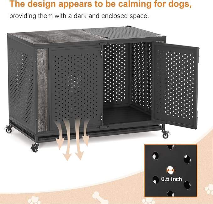 48" Heavy Duty Dog Crate Furniture for Extra Large Dogs, Enclosed Design with 0.5 inch Holes, Indestructible Metal Kennel for High Anxiety Dogs, Chew Proof Pet House Cage Indoor, Gray