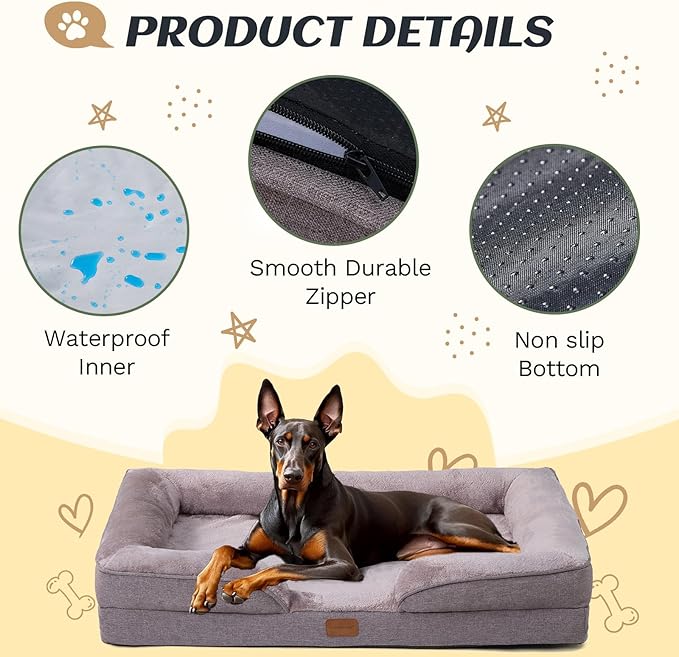 Extra Large Dog Bed Orthopedic with Bolster Sides Removable Egg-Crate Foam Waterproof Liner Pet Bed Sofa Couch with Removable Washable Cover Non-Slip Bottom, Beige
