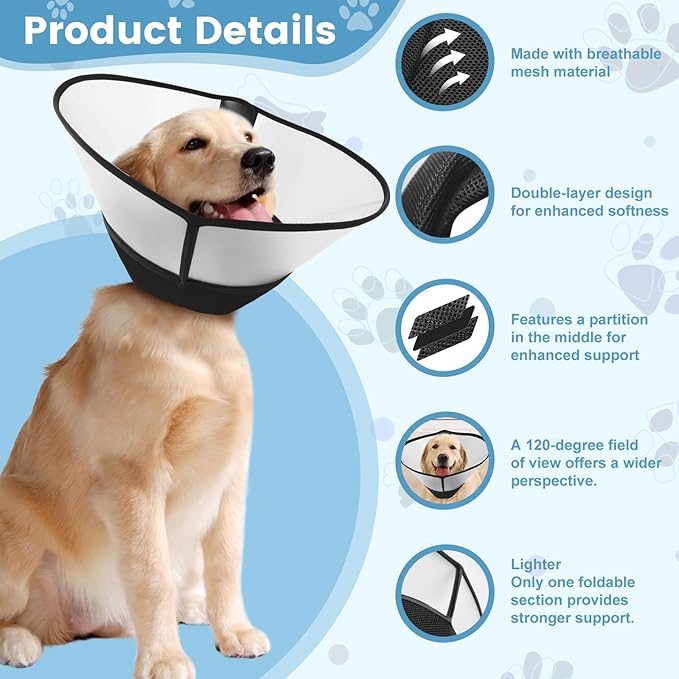Soft Dog Cone Collar for Dogs to Stop Licking,Breathable Pet Recovery Collar with Enhanced Support Design, Adjustable Dog Cone Collar for Large & Medium Dogs (Black, M（Depth：7.4 Neck：11.41-13.78“）)