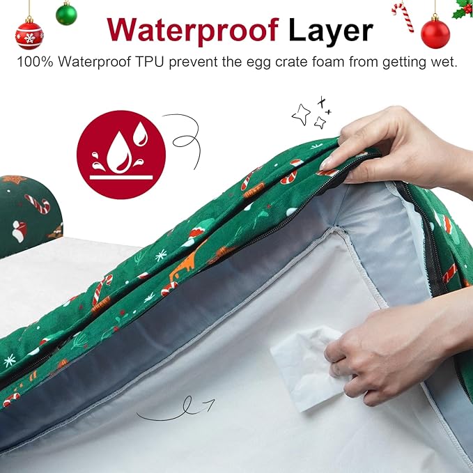 Large Dog Bed Orthopedic Washable: Christmas Pattern Big Dogs Beds with Bolster Puppy Sofa Couch Waterproof Removable Cover - Green