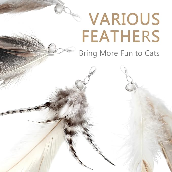 SONGWAY Cat Feather Wand - 7 Pcs Interactive Toys for Indoor Kitten, Retractable Wand With 6 Natural Feather Refills and Bell, Fishing Pole Toy