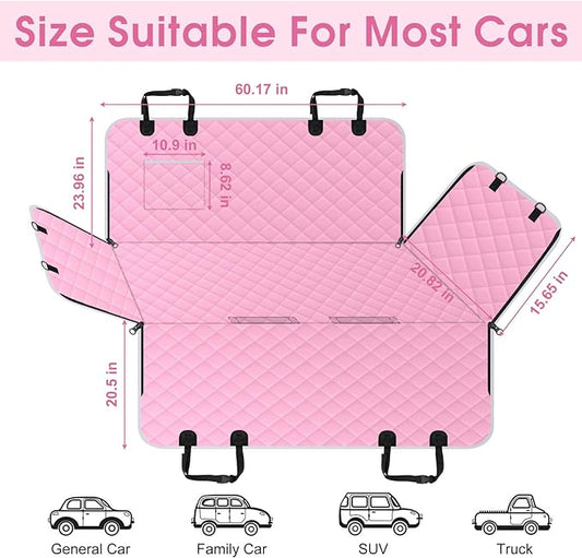 Waterproof Dog Car Seat Cover for Back Seat - Durable, Scratch Proof Pet Hammock with Nonslip Design & Storage Pockets, Fits Cars, SUVs, Trucks - L, Pink/Grey