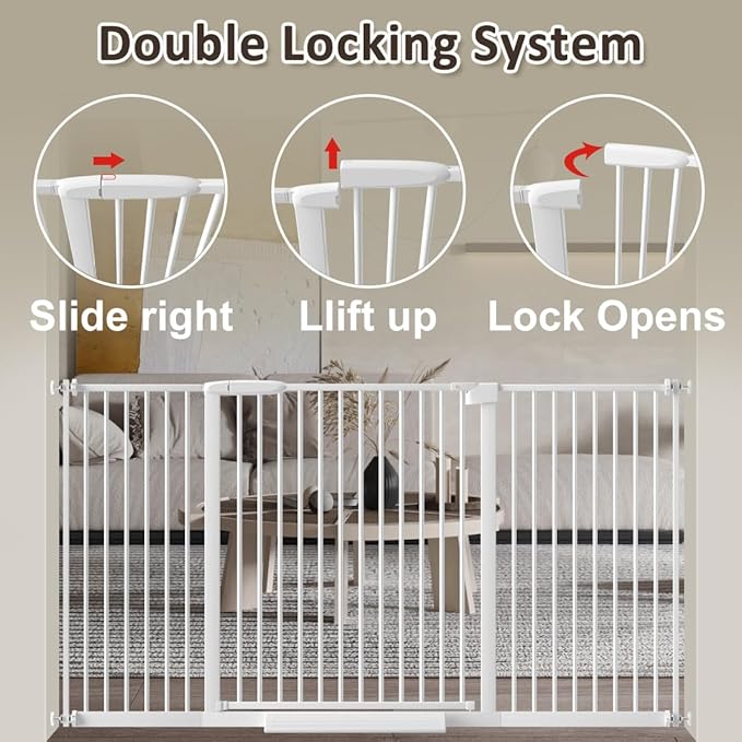 WAOWAO 1.37" Ultra Narrow Spacing Extra Wide Baby Gate 61.61-65.55" Pressure Mounted Walk Through Double Lock Swing Auto Close Safety White Metal Toddler Child Dog Pet for Indoor,Doorway,Kitchen