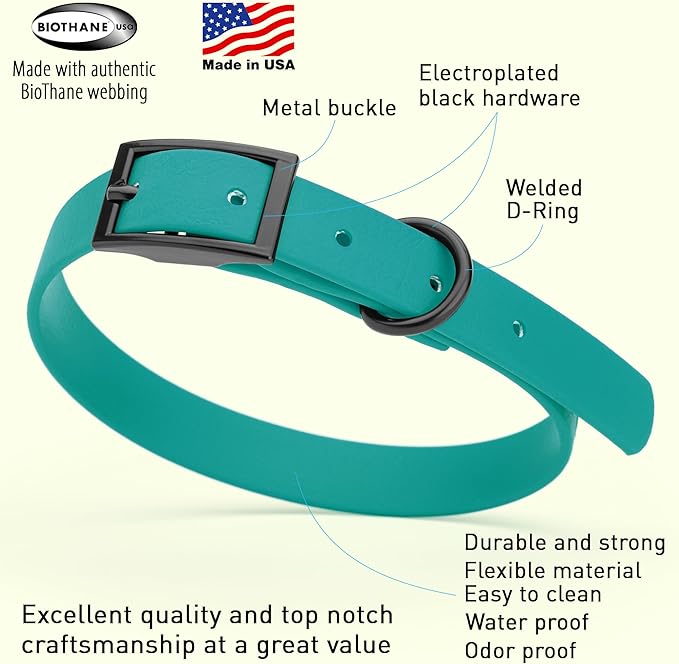 Dogline Biothane Coated Webbing Dog Collar with Black Metal Hardware: Durable Easy-Clean Everyday Collar for Dogs - Comfortable Adjustable Odor-Resistant Pet Collar, W5/8" x L12-15, Blue Aqua