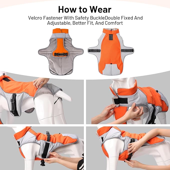 Dog Winter Coat - Waterproof Cold Weather Coat with Thick Padding, Windproof Dog's Snow Jacket with Neck & Tail Drawstrings, Reflective Dog Jacket - Small Pet Coats, Orange & Gray S