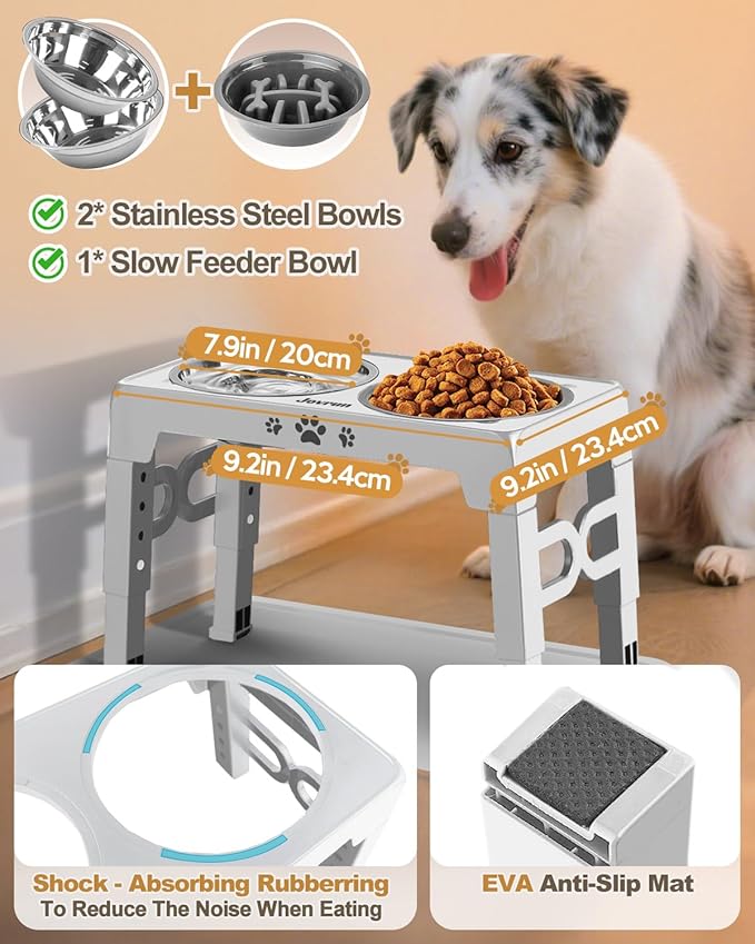 Elevated Dog Bowls, Dog Feeder with Stainless Steel Dishes & Slow Feeder Bowl, 5 Heights Adjustable Raised Stand for Medium Large, Food Dishes with Non-Slip Feet