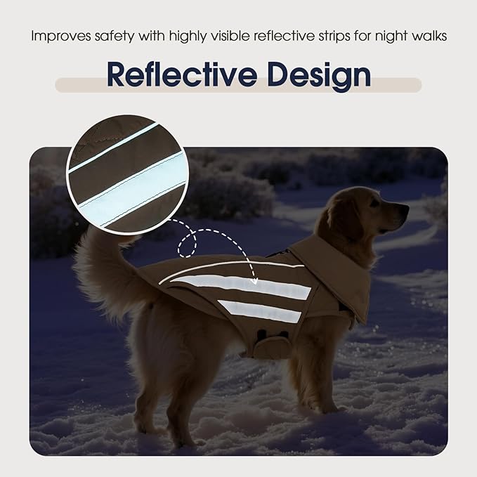 IECOii Dog Coat for Winter - Waterproof Cold Weather Coats Windproof, Adjustable Large Dogs Snow Vest Reflective Thermal Jacket for Camping, Climbing, Jogging, Khaki, Sizes XXXL