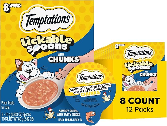 Temptations Lickable Spoons Cat Treats Salmon Flavor with Chicken Chunks, 8 Spoons, Pack of 12 (96 Total)
