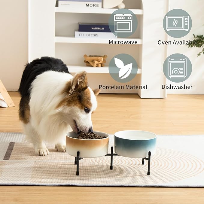 32 OZ Ceramic Dog Cat Bowl with Elevated Metal Stand, 6 Inch Ceramic Pet Dish for Food and Water, Pet Feeder Bowls for Cats & Dogs - Set of 2, Blue & Brown