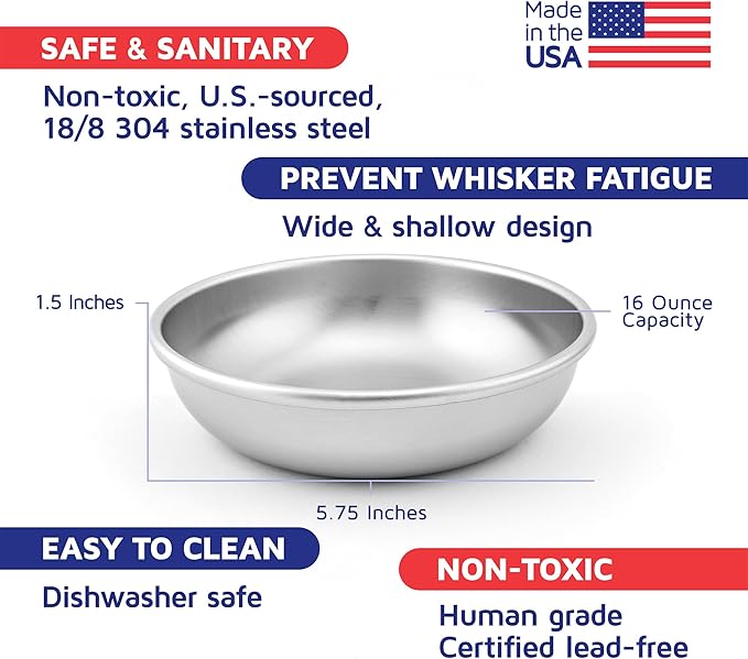 Stainless Steel Cat Bowls for Food & Water by Americat – Made in USA – Dishwasher Safe, Human Grade, Whisker Friendly Dishes (4 Bowls)