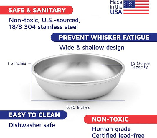 Stainless Steel Cat Bowl for Food & Water by Americat – Made in USA – Dishwasher Safe, Human Grade, Whisker Friendly Dish (1 Bowl)