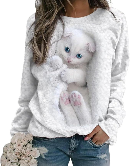 IVERIRMIN Women's 3D Cute Cat Print Sweatshirt Casual Long Sleeve Crewneck Cute Cat Pullover Loose Fit Shirts