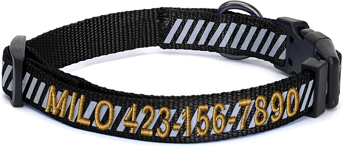 Pawtitas Reflective Dog Collar - Personalized Name & Phone Number, Adjustable for Small Dogs & Puppies, Black