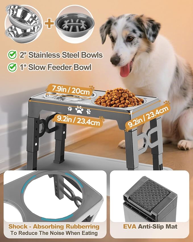 Elevated Dog Bowls, Dog Feeder with Stainless Steel Dishes & Slow Feeder Bowl, 5 Heights Adjustable Raised Stand for Medium Large, Food Dishes with Non-Slip Feet