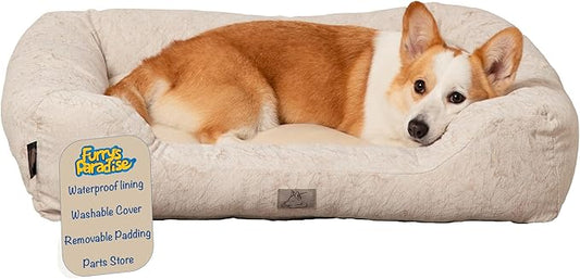 Furry's Paradise Foam Cuddler Pet Bed with Waterproof Liners, Reversible Cushion, Washable Cover, Recycled Fibers and Non-Slip Bottom. (Brown Marble, Orthopedic Small)