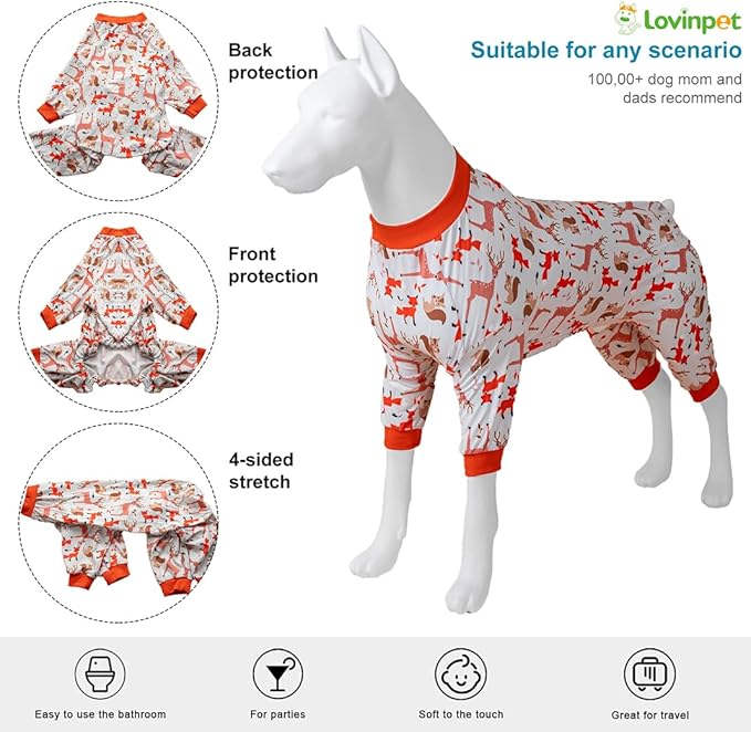 LovinPet Big Dog Clothes for Large Dogs Girls, Onesies for Dogs,Lightweight Stretchy Fabric,Critters Cream Print Dog Jumpsuit,Uv Protection Shirt, Pajamas for Pitbulls, Pitbull Shirt,3XL