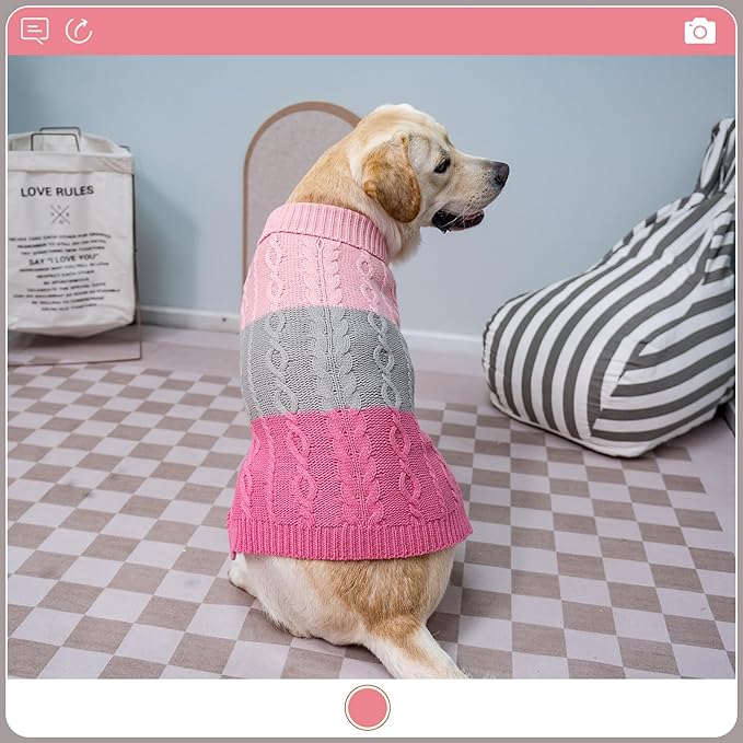 EXPAWLORER Dog Sweater with Leash Hole - Large Dogs Fall Sweaters for Girls Boys,Classic Turtleneck Knitwear Dog Clothes for Cold Weather, Cable Knit Dogs Outfit,Coat,Pet Apparel(Pink&Grey,XL)