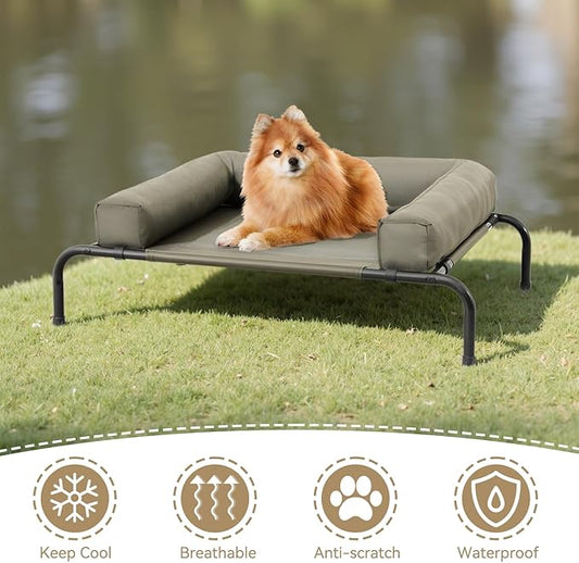 Athena Collection Outdoor Elevated Dog Bed with Removable Bolsters, 35.5 Inches Raised Dog Cot Washable with Metal Frame Non-Slip Feet for Small Dog Puppy, Green