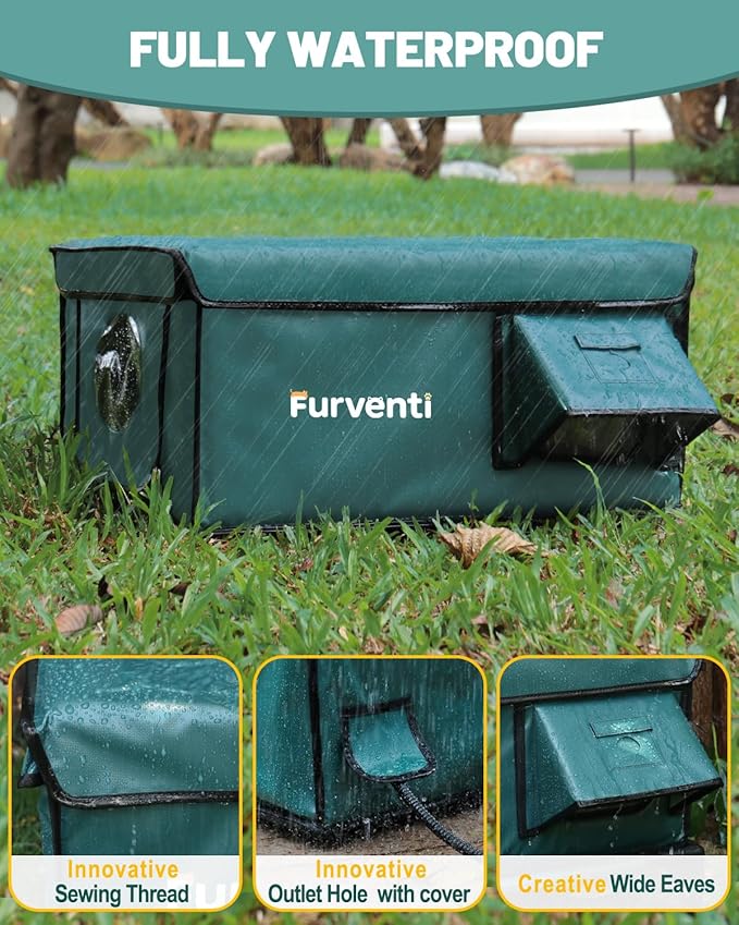 Heated Cat House for Outside with Dual Doors, Insulated Cat House Outdoor with Heating Pad, Weatherproof Heated Outdoor Cats Houses Waterrproof for Feral Cats (Deep Green, 25" L x 16" W x 13" H)