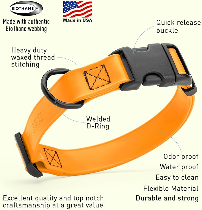 Dogline Durable Biothane Waterproof Collar for Dogs - Odor-Resistant Coated Webbing, Quick-Release Design, Comfortable Adjustable Fit, 5/8" W by 10-14" L,Tangerine Orange