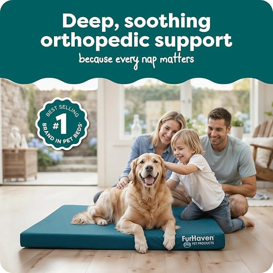 FurHaven Water-Resistant Orthopedic Dog Bed for Large Dogs, Oxford Polycanvas Mattress with Orthopedic Egg Crate Foam for Joint Support, Removable Washable Cover, Jumbo/XL, Deep Lagoon