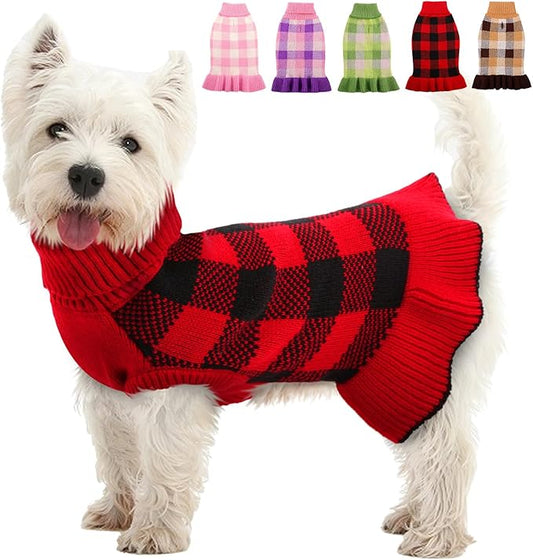 Dog Sweater Dress Plaid Knitwear for Small Medium Dogs Warm Puppy Pet Turtleneck Stretch Pullover Cute Fall Winter Vest Clothes with Leash Hole for Christmas (Red, L)