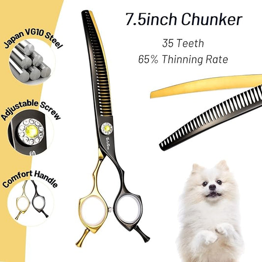 7.5inch Curved Thinning Dog Scissors, 35 Teeth High-end Dog Grooming Scissors, 25° Curved Blender, VG10 Steel Sharp Grooming Shears, Ergonomic Professional Pet Shears for Groomer
