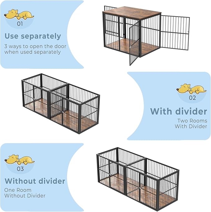 Lyromix 86.62''Dog Crate Furniture Large Breed TV Stand with Double Rooms,Wooden Dog Kennel Dog Crate End Table with Removable Divider for Large Medium Dogs, Can Use Separately, Brown