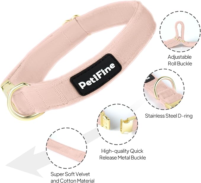 PetiFine Adjustable Pink Dog Collar and Leash Set, Super Soft Velvet with Metal Buckle for Small to Large Dogs