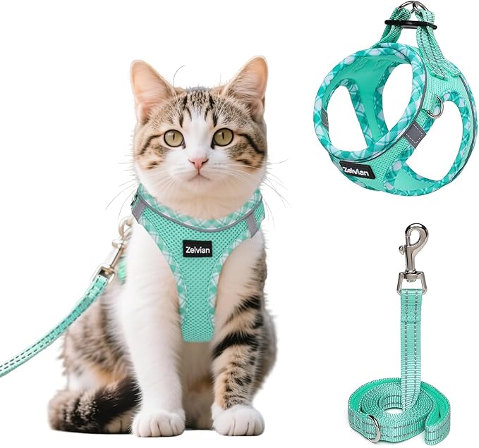 Cat Harness and Leash Set for Walking, Escape Proof Adjustable Soft Mesh Kitten Harness with Reflective Strips, Breathable No-Choke Pet Vest for Small Cats or Puppies(Green,S)