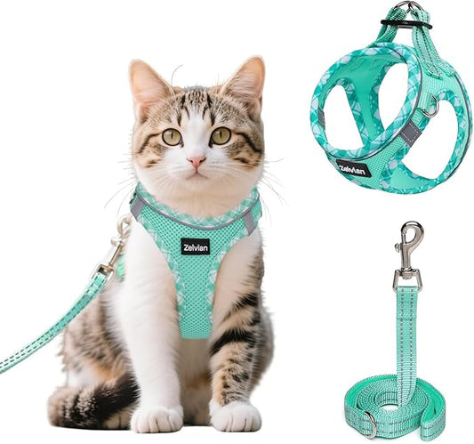 Cat Harness and Leash Set for Walking, Escape Proof Adjustable Soft Mesh Kitten Harness with Reflective Strips, Breathable No-Choke Pet Vest for Small Cats or Puppies(Green,L)