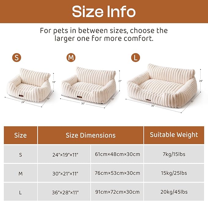 MEWOOFUN Dog Couch Bed, Fluffy Small Dog Bed with Removable Washable Cover, Supportive Cat Couch for Cats & Dogs up to 25 lbs (Brown, 30x21x12)
