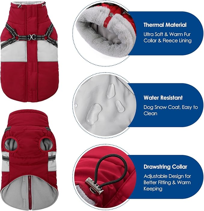 KOESON Dog Coat, Warm Dog Winter Jacket with Harness, Waterproof Pet Cold Weather Coats with Fleece Lining, Reflective & Windproof Snowsuit Sweater for Schnauzer, Yorkshire, Dachshund, Burgundy S
