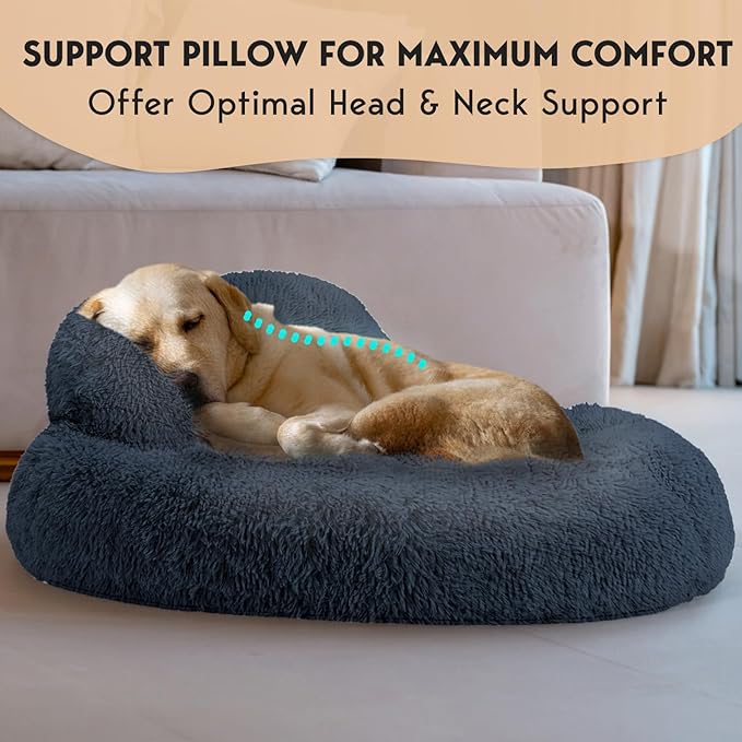 PetJett Calming Dog Beds Large Sized Dog - 36'' Round Bed, Anti-Slip & Washable Super Soft Donut Bed, Fluffy Faux Fur Anti-Anxiety Premium Comfort Pet Bed, Fits Dogs up to 100 lbs - Dark Grey