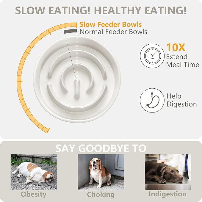 Ceramic Slow Feeder and Water Bowl Set for Small Dogs, 6.0inch Ceramic Dog Bowls Elevated with Wooden Stand, 0.6 Cups Dog Slow Feeder(14oz) and 30oz Water Bowl Set, White