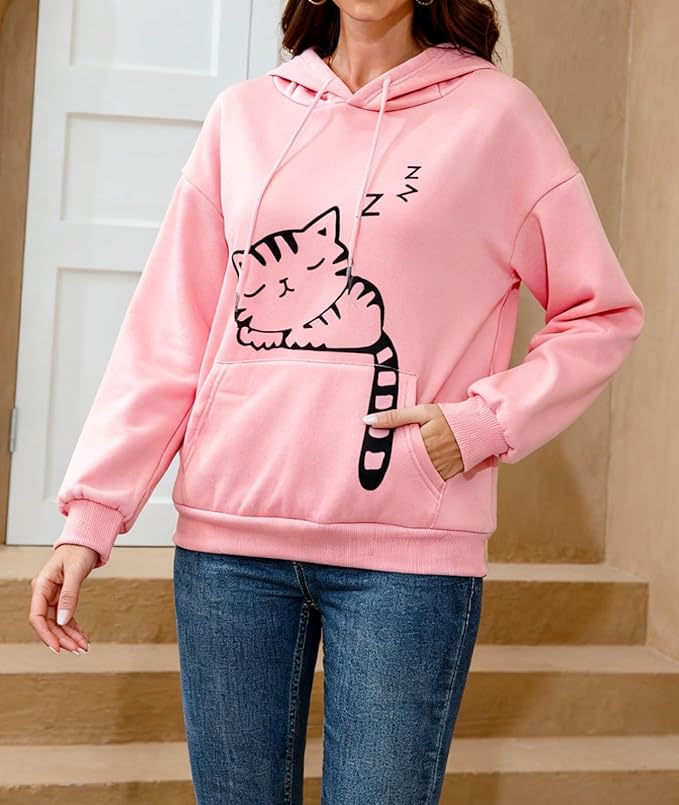 Women Girl Hoodies Cute Cat Ear Novelty Printed Pullover Sweatshirt