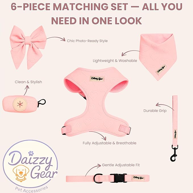 Small Dog Harness Set – Cute No Pull, All Weather, Breathable Harness and Leash Set with Collar, Bandana, Sailor Bow & Poop Bag Holder – Adjustable, Soft & Stylish - Pink Hearts on Jacquard Fabric