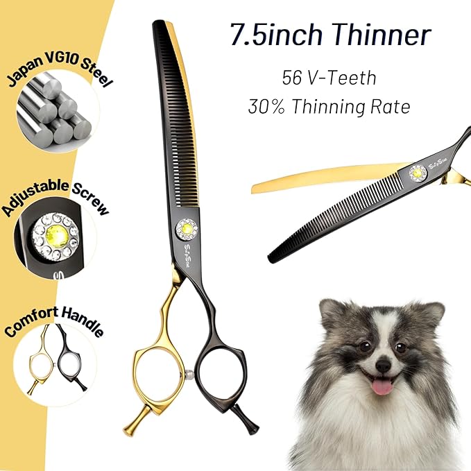 7.5inch Curved Thinning Dog Scissors, 56 Teeth High-end Dog Grooming Scissors, 25° Curved Blender, VG10 Steel Sharp Grooming Shears, Ergonomic Professional Pet Shears for Groomer