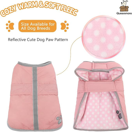 Queenmore winter dog coat - Fleece puffer down vest, waterproof reflective reversible sweater with sizes (light pink, M)
