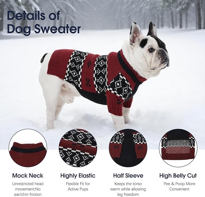IECOii Large Dog Sweater for Male Dogs, XL Boy Dog Sweater Pullover Knitwear for Winter, Fair Isle Pattern for Holiday Sweaters, Stretchy Mid-Neck Knitted Clothes for Outdoor Adventures,DarkRed,XLarge